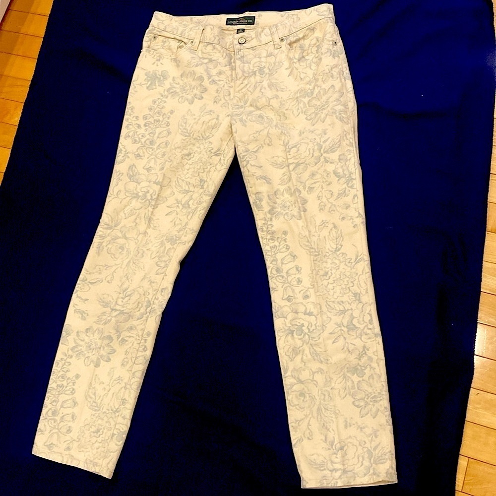 RALPH LAUREN Blue & Creme printed summer modern straight ankle leg jeans Size 10